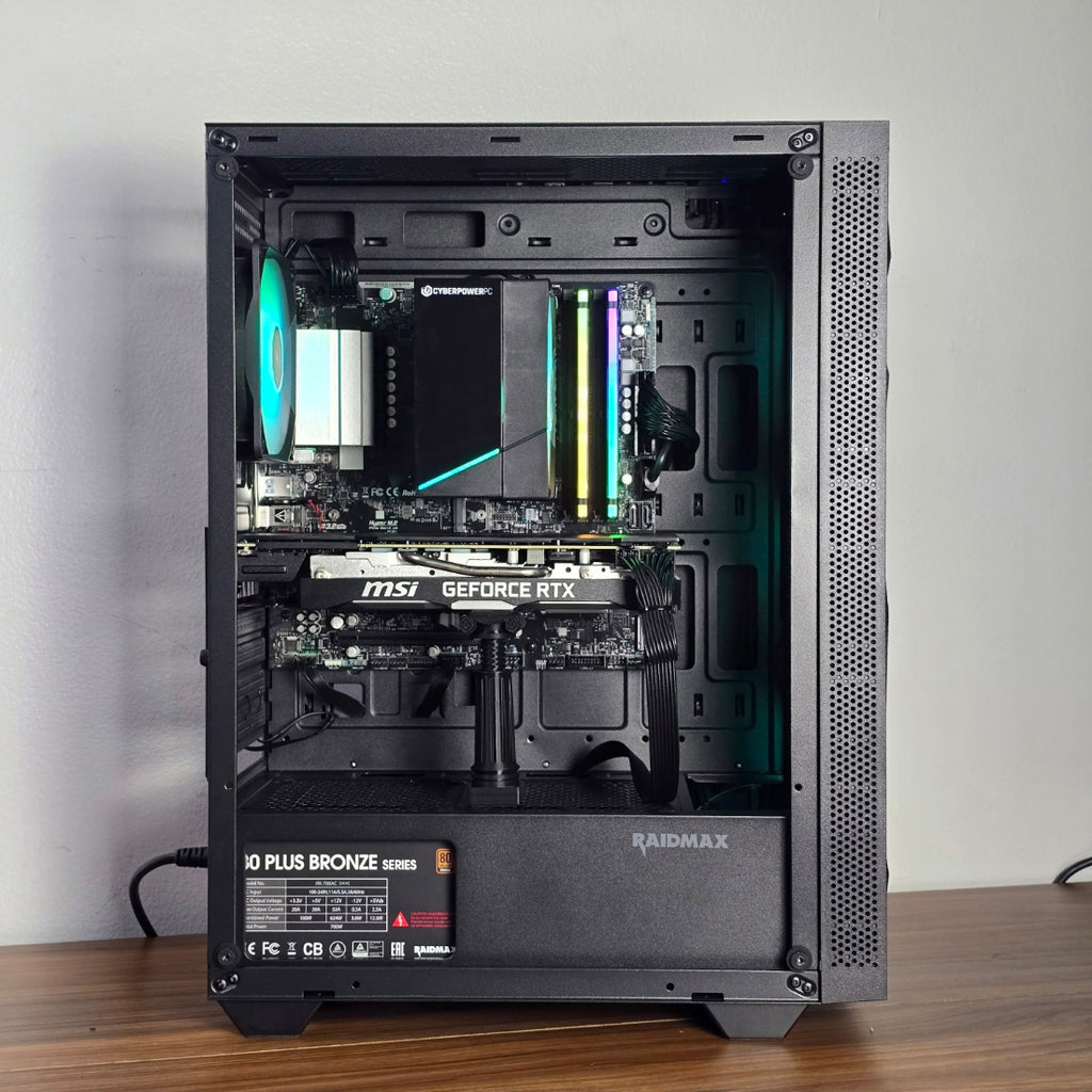Steel City Computers PC101 gaming PC build, RTX 2070 Super — open side panel showing MSI RTX GPU, ASRock B550M-C motherboard, Corsair Vengeance RGB RAM