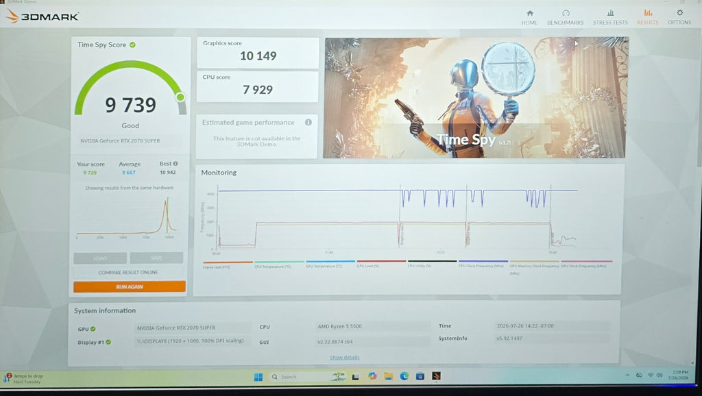 Steel City Computers PC101 gaming PC build, RTX 2070 Super — 3DMark Time Spy benchmark result, score 9739